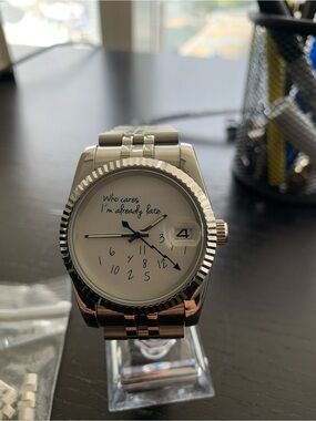 Custom I’m Already Late Datejust Watch with jubilee bracelet